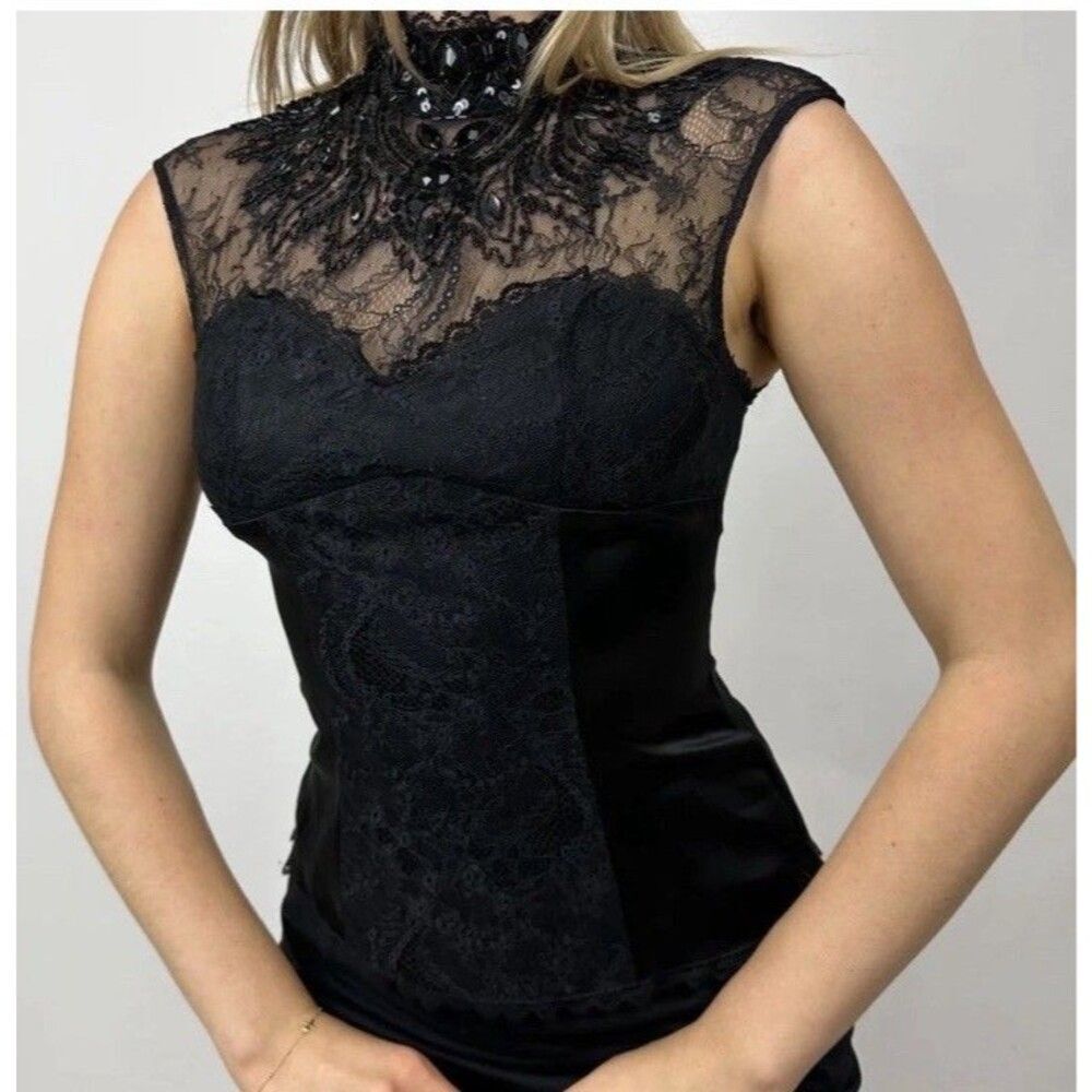 bebe Corset Top Black Lace Satin Silk Beaded High Neck Victorian Gothic Y2K Sz M